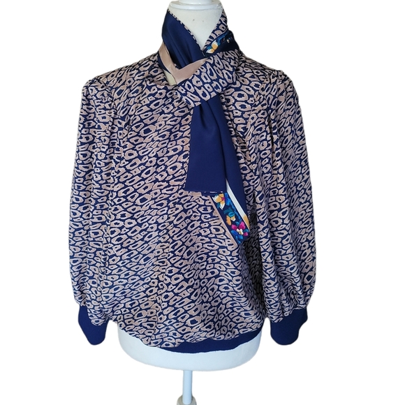 Vintage jo Hanna York by Joan davis animal print top with scarf shoulder pads 14 - Picture 1 of 7
